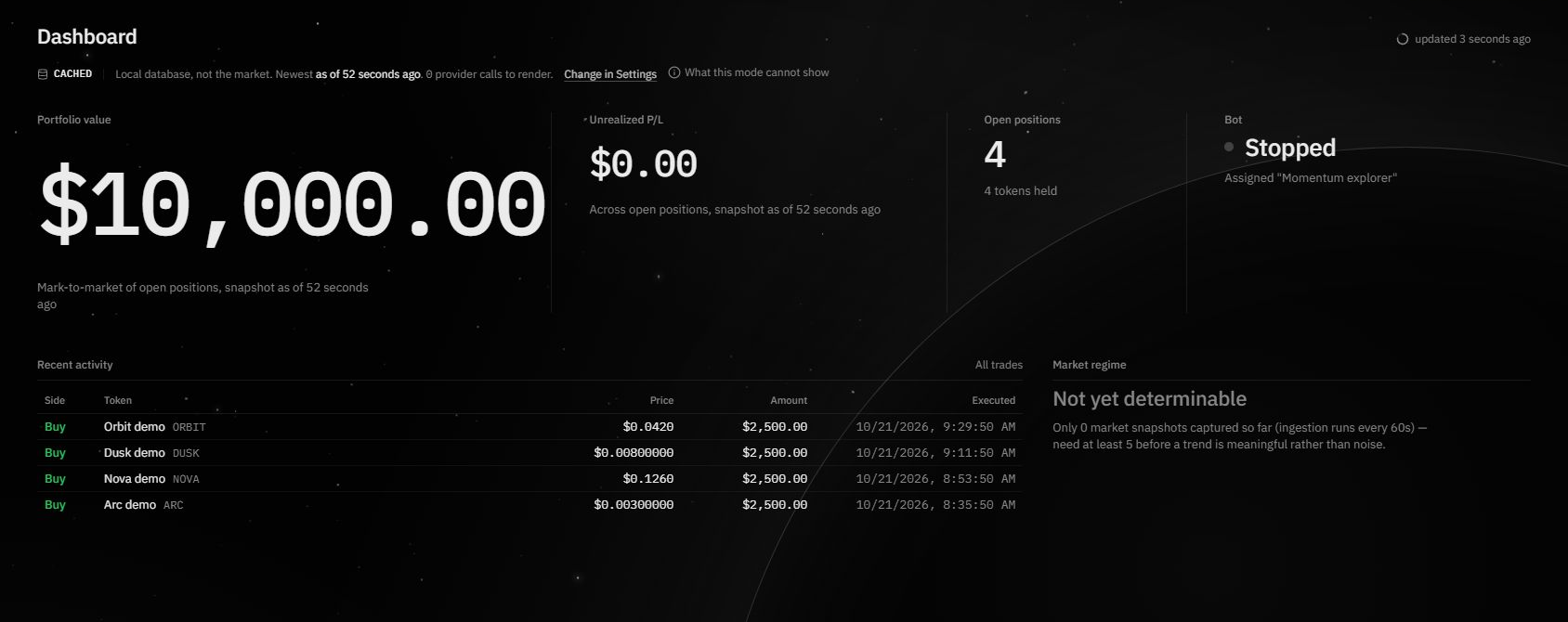 The actual dashboard displaying a fictional ten-thousand-dollar portfolio and four demo token positions