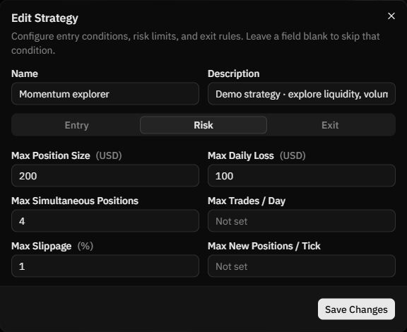 The actual risk editor with a fictional position limit and four-position cap